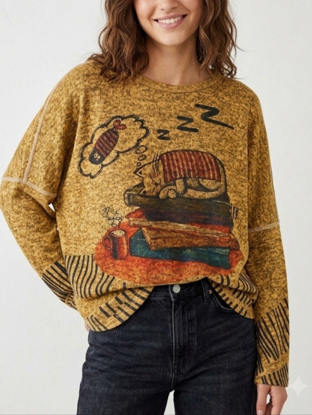 Inoah Mustard Yellow Cat Pullover Top Size Small Hi - Low Hem Art To Wear
